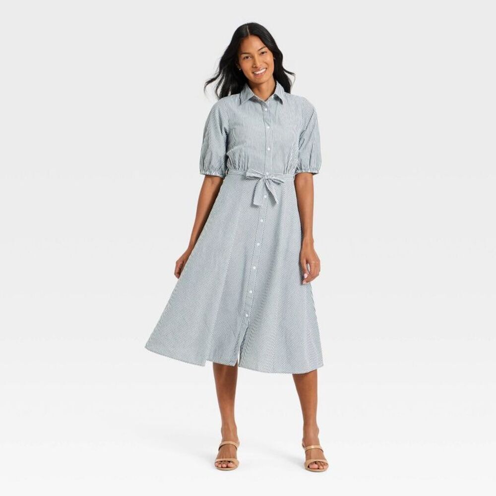 Women's Midi Button-Down Shirtdress - A New Day Green/White L